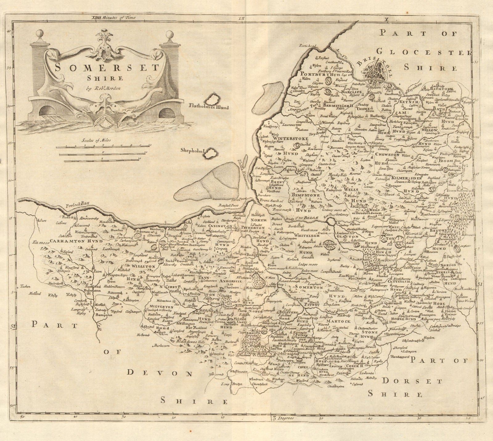 SOMERSET SHIRE. by ROBERT MORDEN from Camden's Britannia. Bristol plan 1772 map